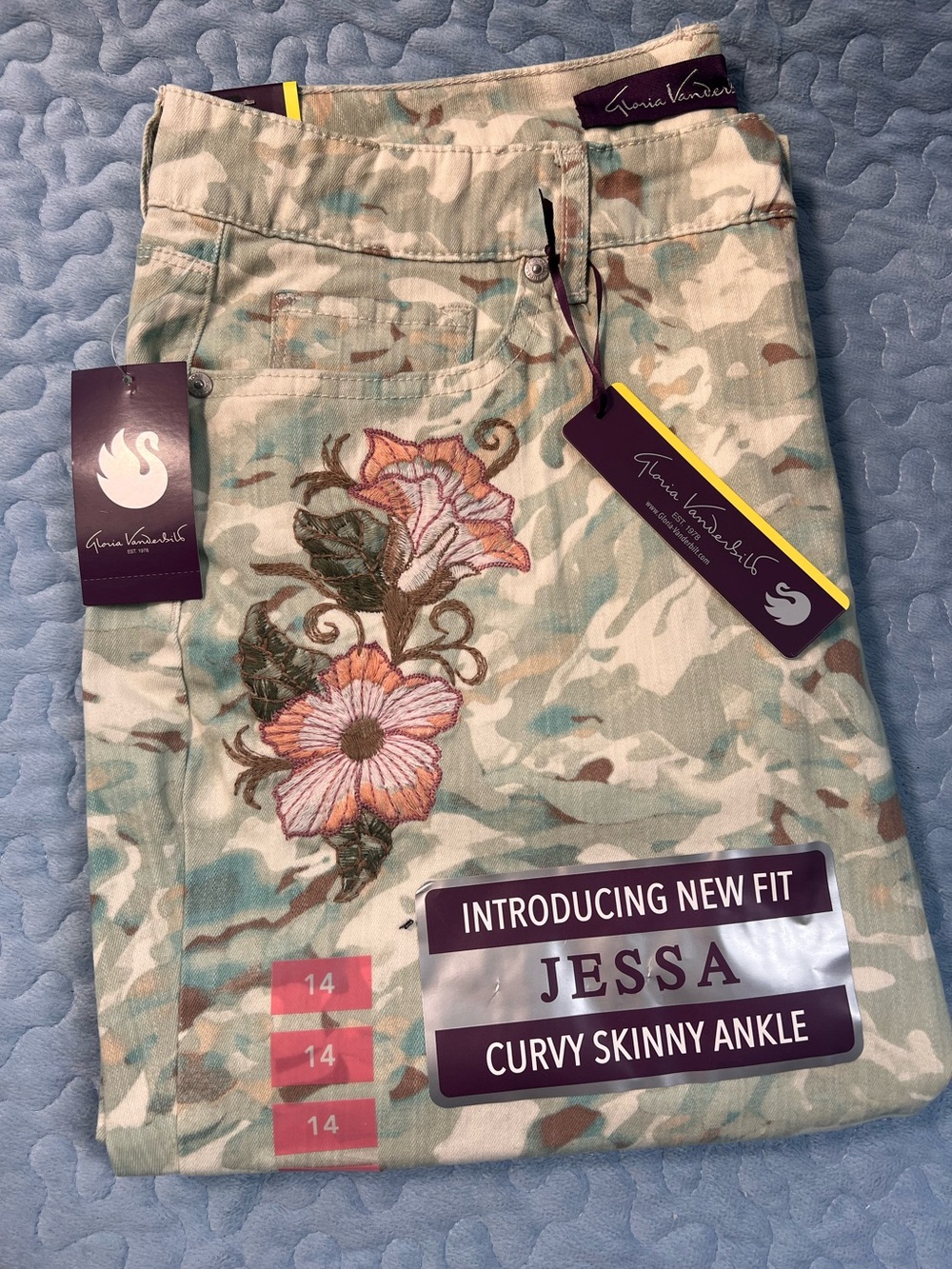 Jessa Curvy Skinny Ankle Jeans with Floral Embroidery - Sage Camouflage